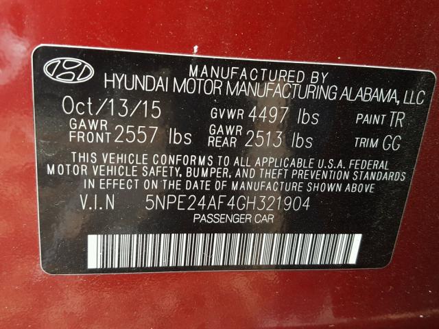 5NPE24AF4GH321904 - 2016 HYUNDAI SONATA SE RED photo 10