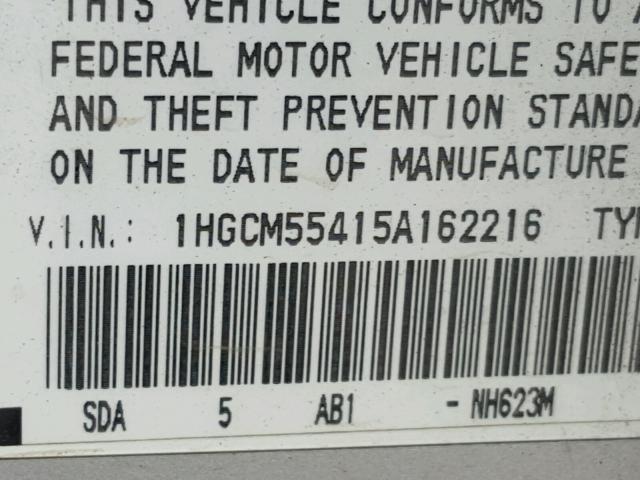 1HGCM55415A162216 - 2005 HONDA ACCORD LX SILVER photo 10