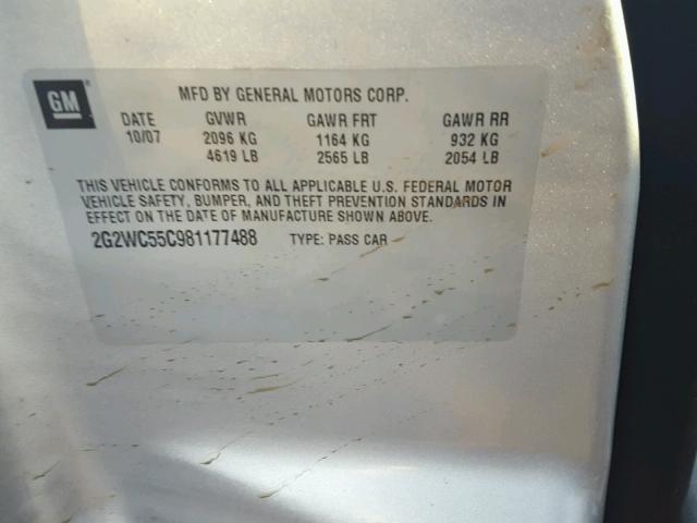 2G2WC55C981177488 - 2008 PONTIAC GRAND PRIX Արծաթագույն լուսանկար 10