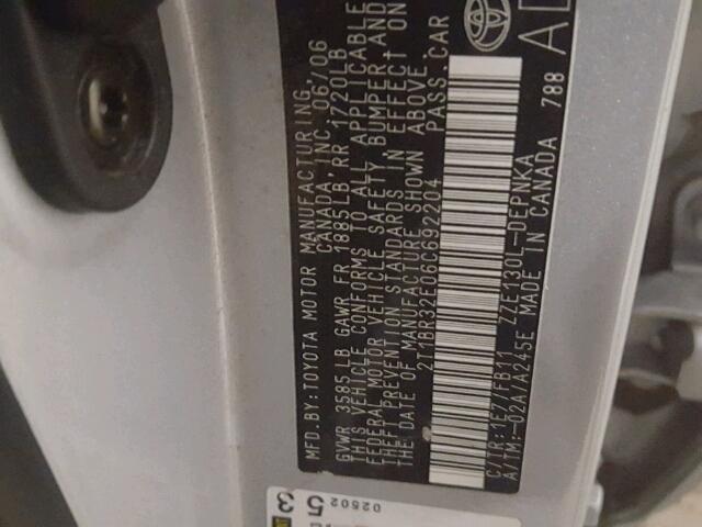 2T1BR32E06C692204 - 2006 TOYOTA COROLLA CE SILVER photo 10