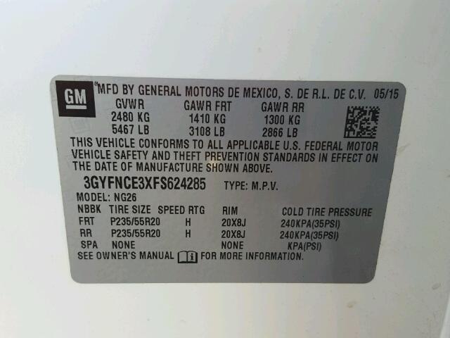 3GYFNCE3XFS624285 - 2015 CADILLAC SRX PERFOR 白色 照片 10