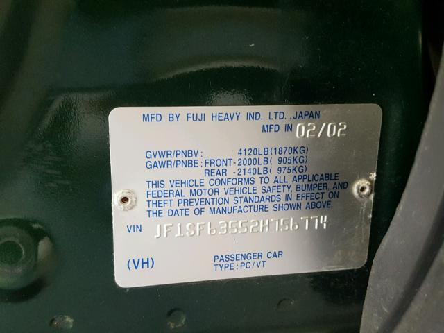 JF1SF63552H756774 - 2002 SUBARU FORESTER L GREEN photo 10