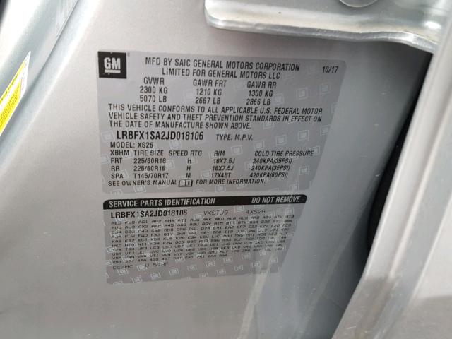 LRBFX1SA2JD018106 - 2018 BUICK ENVISION E SILVER photo 10