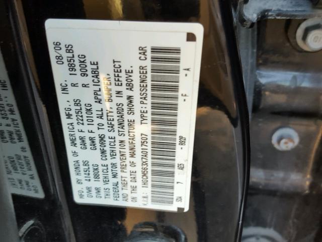 1HGCM563X7A017507 - 2007 HONDA ACCORD SE BLACK photo 10