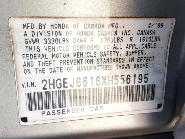 2HGEJ6616XH556195 - 1999 HONDA CIVIC BASE SILVER photo 10