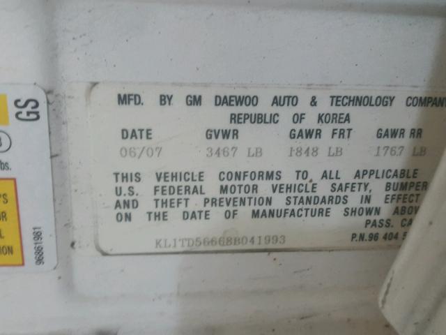 KL1TD56668B041993 - 2008 CHEVROLET AVEO BASE WHITE photo 10