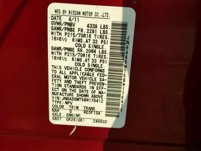 JN8AS5MT5BW178412 - 2011 NISSAN ROGUE S RED photo 10