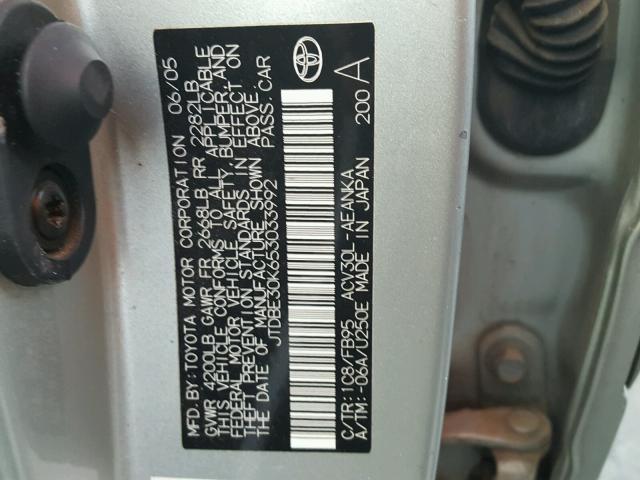 JTDBE30K653033992 - 2005 TOYOTA CAMRY LE SILVER photo 10