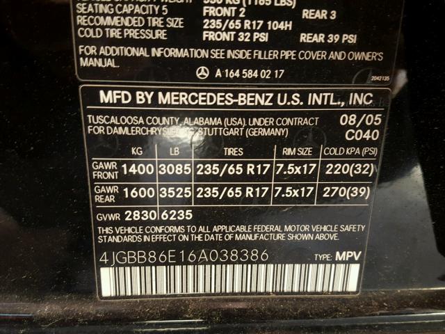 4JGBB86E16A038386 - 2006 MERCEDES-BENZ ML 350 BLACK photo 10