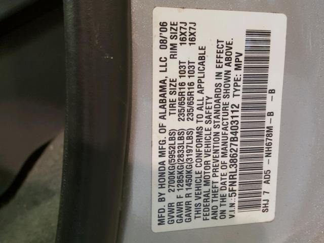 5FNRL38627B403112 - 2007 HONDA ODYSSEY EX SILVER photo 10