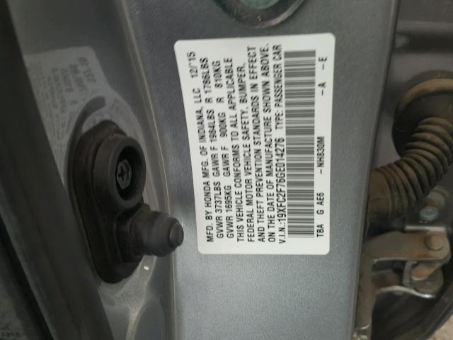 19XFC2F76GE014276 - 2016 HONDA CIVIC EX 银色 照片 10