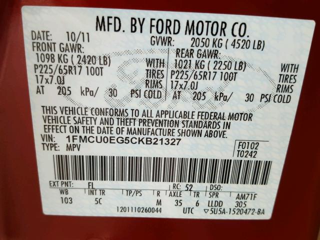 1FMCU0EG5CKB21327 - 2012 FORD ESCAPE LIM RED photo 10