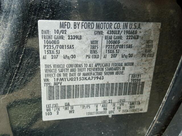 1FMYU02153KA79943 - 2003 FORD ESCAPE XLS BLACK photo 10