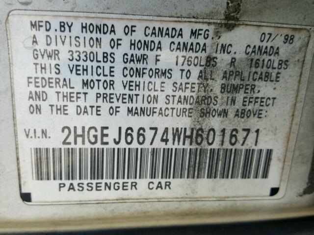 2HGEJ6674WH601671 - 1998 HONDA CIVIC LX WHITE photo 10