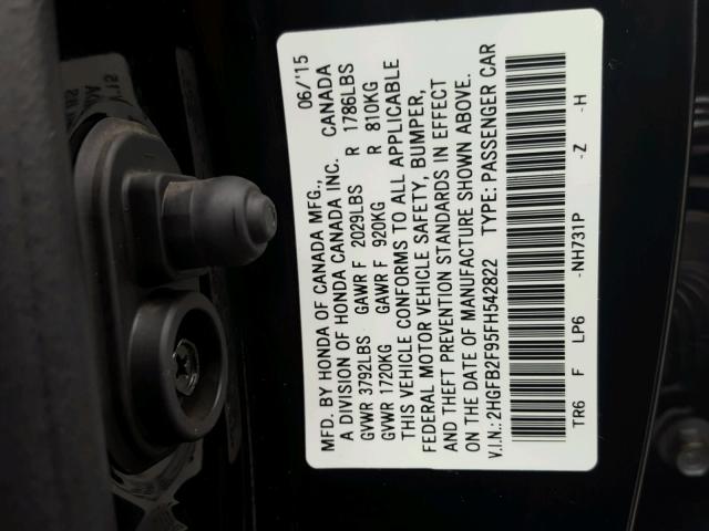 2HGFB2F95FH542822 - 2015 HONDA CIVIC EXL Qara foto 10