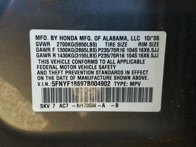 5FNYF18697B004902 - 2007 HONDA PILOT EXL GRAY photo 10