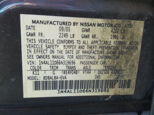 1N4AL11D66N319696 - 2006 NISSAN ALTIMA S BLACK photo 10