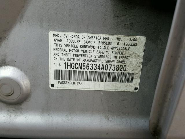 1HGCM56334A073820 - 2004 HONDA ACCORD LX SILVER photo 10