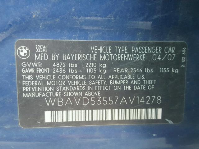 WBAVD53557AV14278 - 2007 BMW 335 XI BLUE photo 10