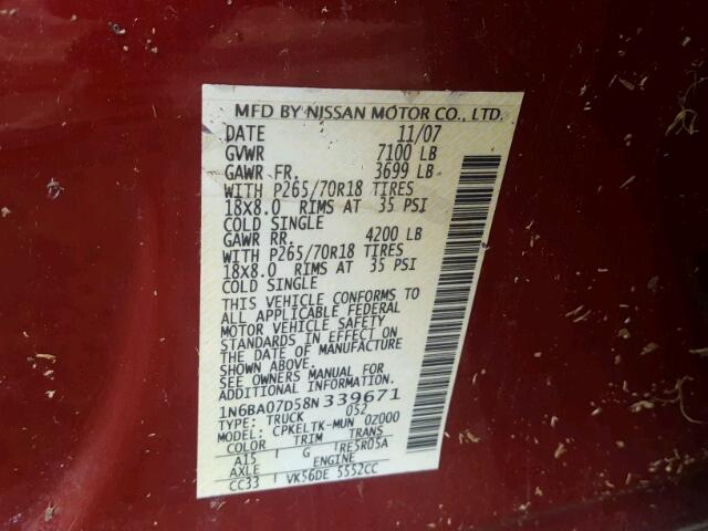 1N6BA07D58N339671 - 2008 NISSAN TITAN XE RED photo 10