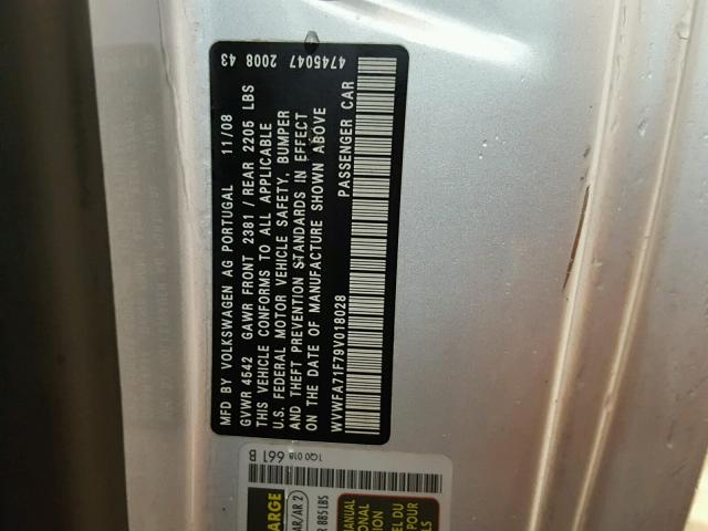 WVWFA71F79V018028 - 2009 VOLKSWAGEN EOS LUX 银色 照片 10