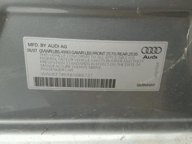 WAUKF78E48A065727 - 2008 AUDI A4 2.0T AV SILVER photo 10