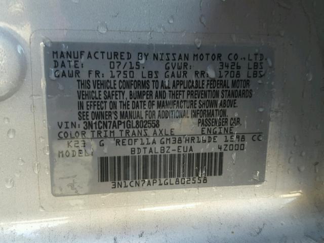 3N1CN7AP1GL802558 - 2016 NISSAN VERSA S SILVER photo 10