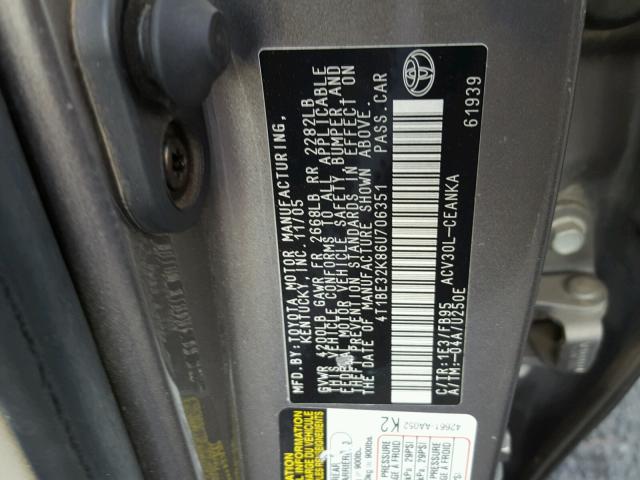 4T1BE32K86U706351 - 2006 TOYOTA CAMRY LE GRAY photo 10