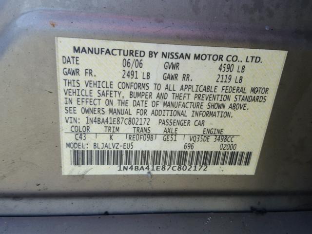 1N4BA41E87C802172 - 2007 NISSAN MAXIMA SE GOLD photo 10