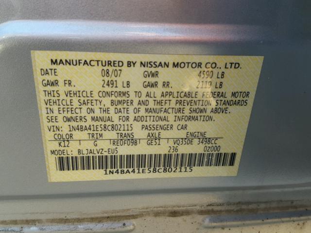 1N4BA41E58C802115 - 2008 NISSAN MAXIMA SE SILVER photo 10