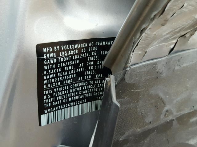 WVGAV7AX2CW522474 - 2012 VOLKSWAGEN TIGUAN S SILVER photo 10