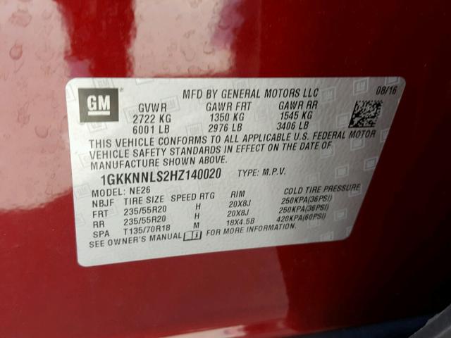 1GKKNNLS2HZ140020 - 2017 GMC ACADIA SLT BURGUNDY photo 10