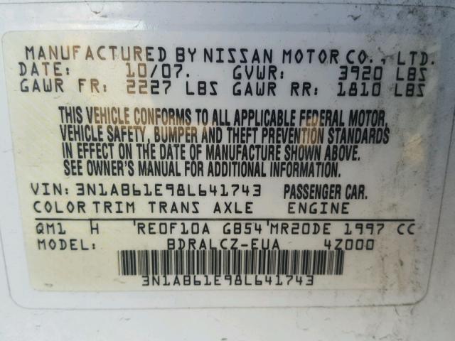 3N1AB61E98L641743 - 2008 NISSAN SENTRA 2.0 WHITE photo 10