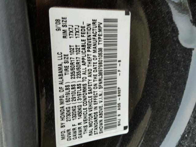 5FNRL38979B010638 - 2009 HONDA ODYSSEY TO BLACK photo 10