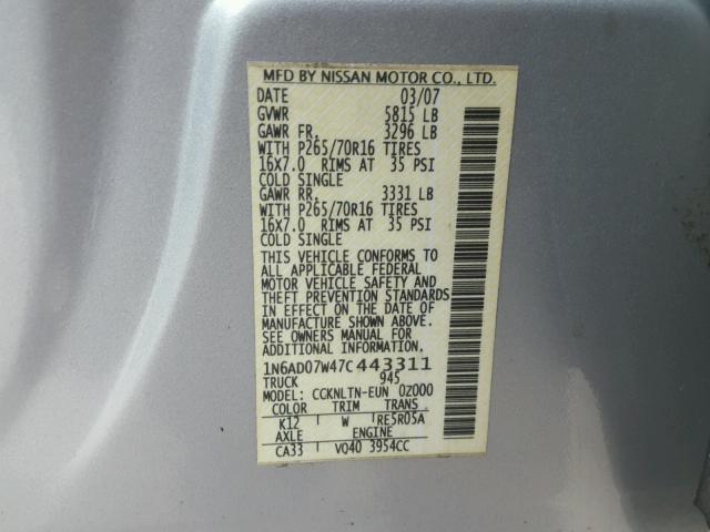 1N6AD07W47C443311 - 2007 NISSAN FRONTIER C GRAY photo 10