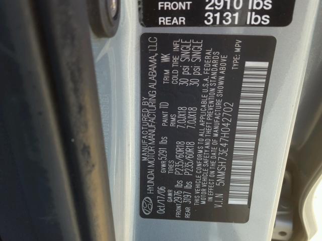 5NMSH73E47H042702 - 2007 HYUNDAI SANTA FE S 银色 照片 10