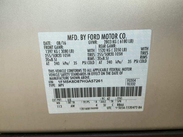 1FM5K8D87HGA57261 - 2017 FORD EXPLORER X SILVER photo 10