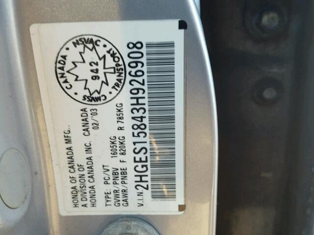 2HGES15843H926908 - 2003 HONDA CIVIC LX SILVER photo 10