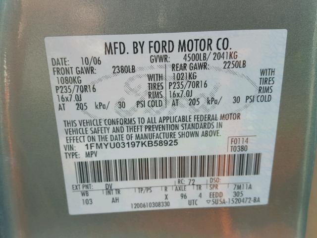 1FMYU03197KB58925 - 2007 FORD ESCAPE XLT GREEN photo 10