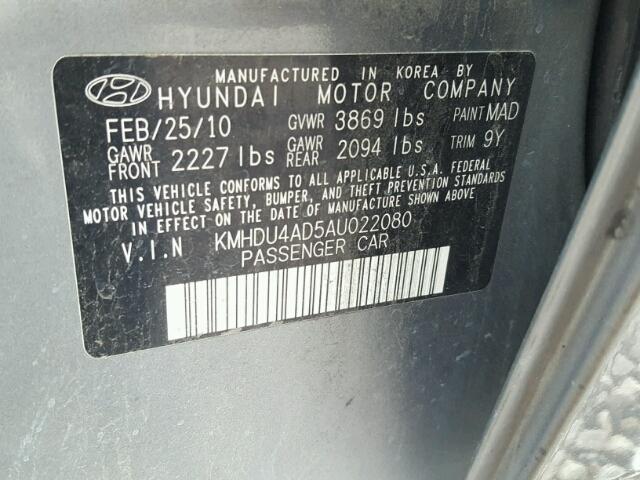 KMHDU4AD5AU022080 - 2010 HYUNDAI ELANTRA BL GRAY photo 10