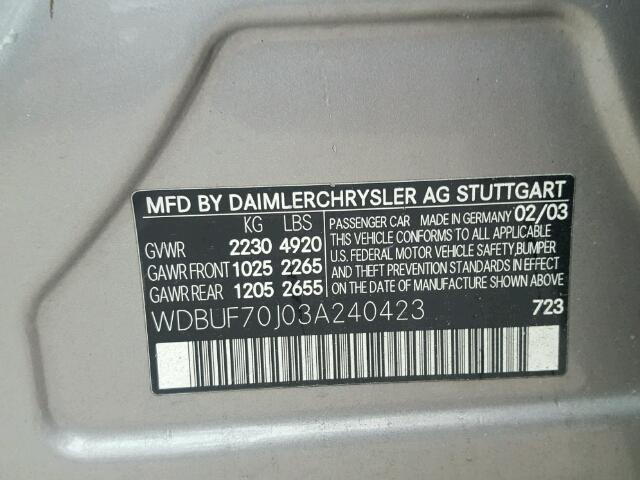 WDBUF70J03A240423 - 2003 MERCEDES-BENZ E 500 GRAY photo 10