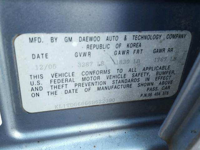 KL1TD66666B622090 - 2006 CHEVROLET AVEO BASE BLUE photo 10