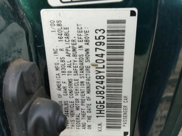 1HGEJ8248YL047953 - 2000 HONDA CIVIC EX GREEN photo 10