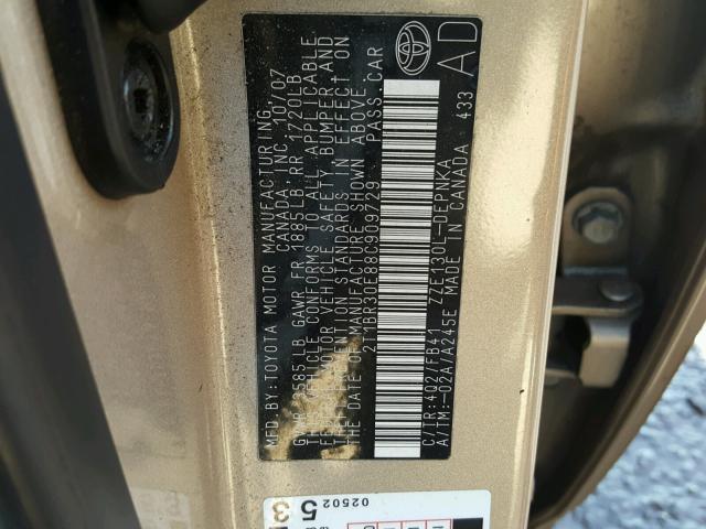 2T1BR30E88C909729 - 2008 TOYOTA COROLLA CE GOLD photo 10