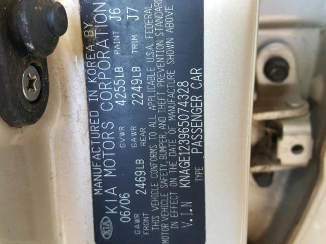 KNAGE123965074328 - 2006 KIA OPTIMA LX GOLD photo 10