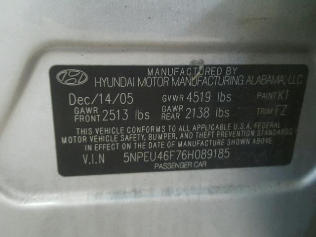 5NPEU46F76H089185 - 2006 HYUNDAI SONATA GLS SILVER photo 10