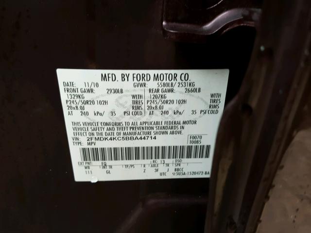 2FMDK4KC5BBA44714 - 2011 FORD EDGE LIMIT MAROON photo 10