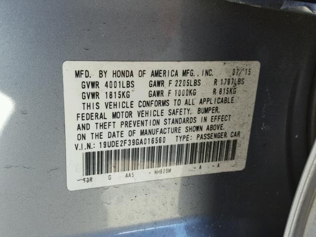 19UDE2F39GA016560 - 2016 ACURA ILX BASE SILVER photo 10