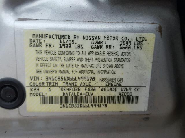 3N1CB51D66L499178 - 2006 NISSAN SENTRA 1.8 SILVER photo 10