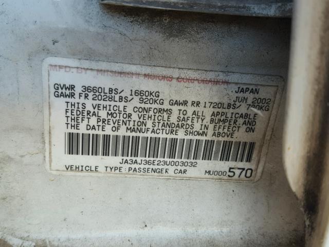 JA3AJ36E23U003032 - 2003 MITSUBISHI LANCER LS WHITE photo 10